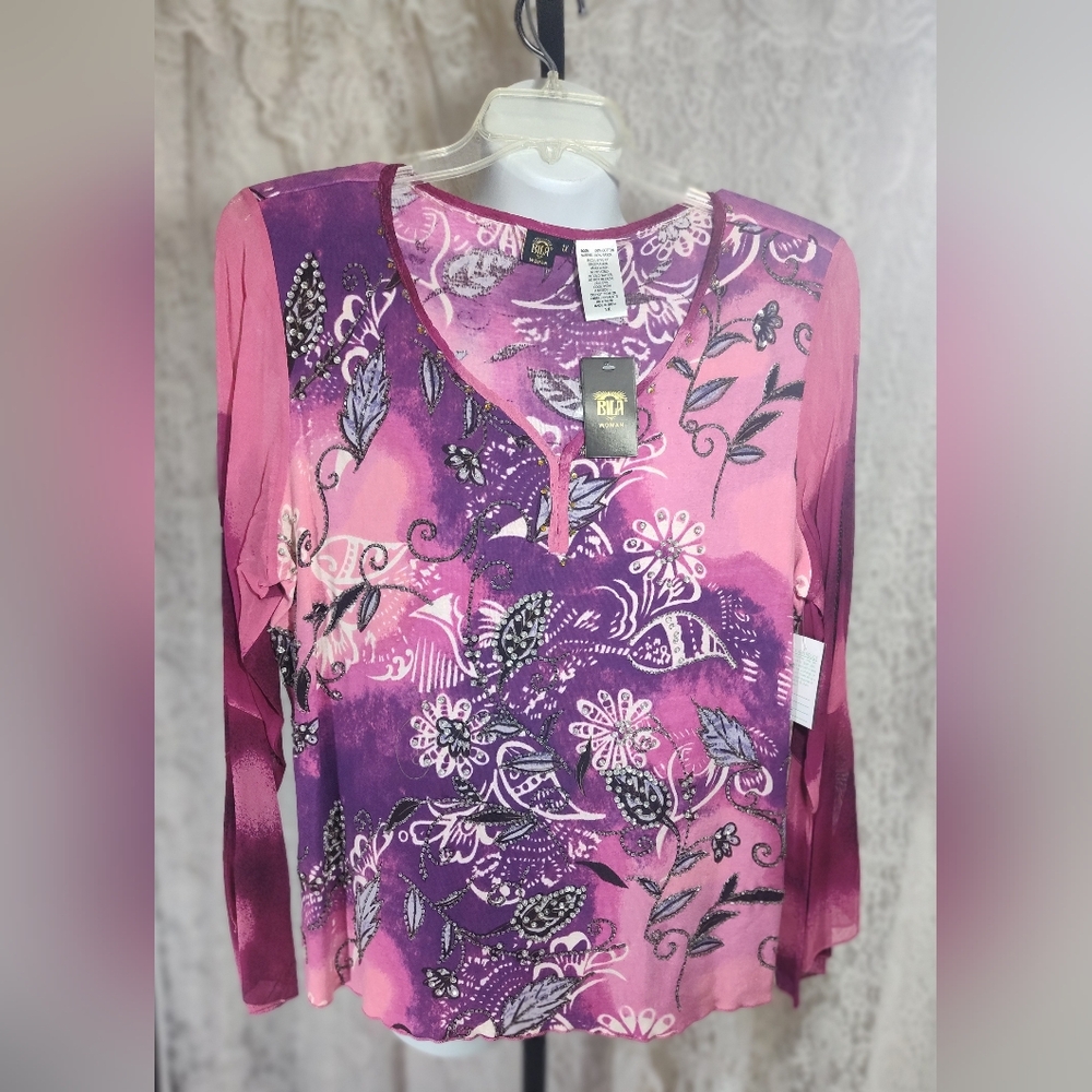 Billa Woman Cotton Pink and Purple Floral Women's Top Sx 1X